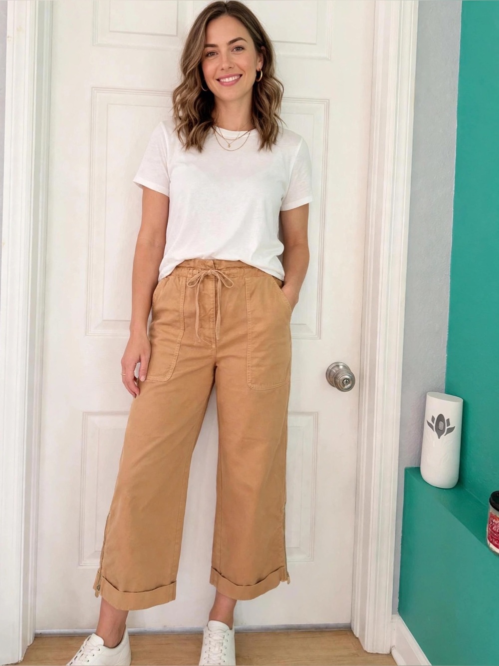 Pinko Casual Drawstring Wide-Leg Cropped Pants - Tan